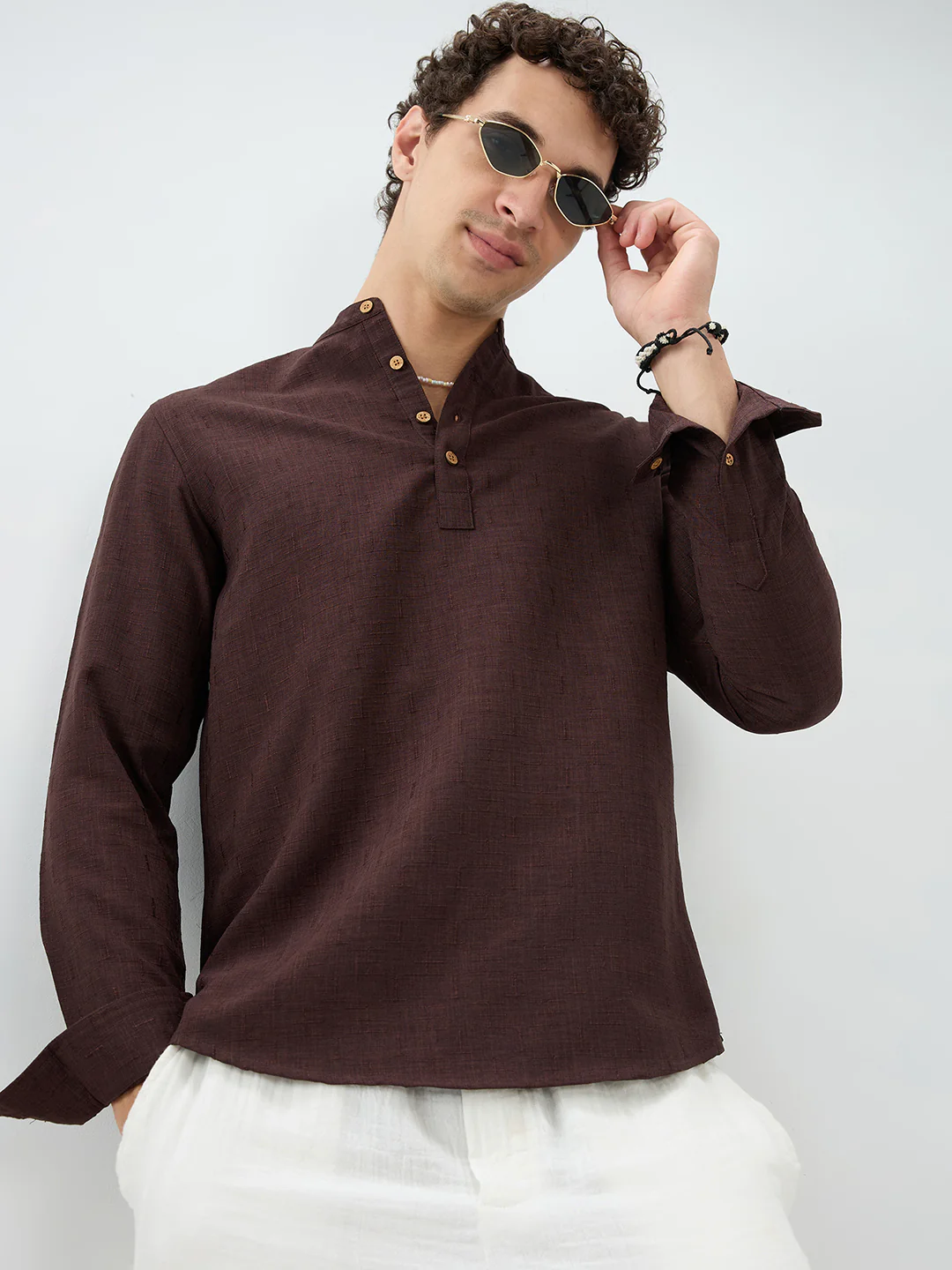 Chocolate Brown Minimal Textured Kurta - Image 4