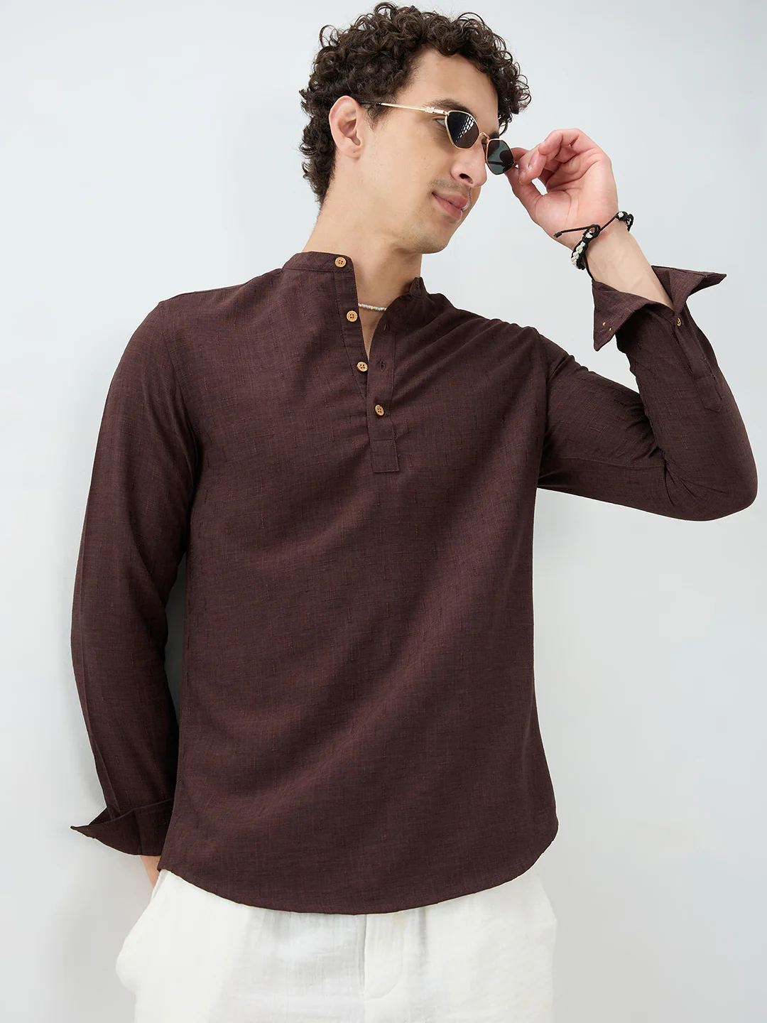 Chocolate Brown Minimal Textured Kurta - Image 5
