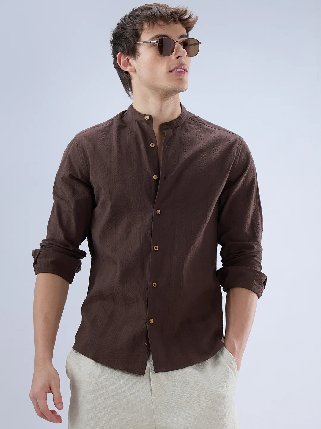 Chocolate Brown Seersucker Striped Mandarin Shirt - Image 2