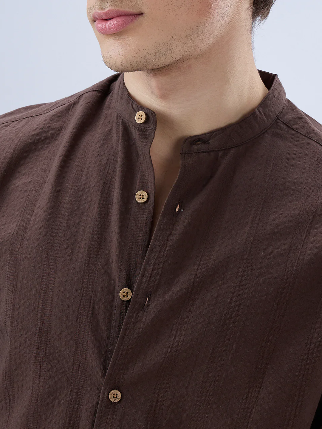 Chocolate Brown Seersucker Striped Mandarin Shirt - Image 3