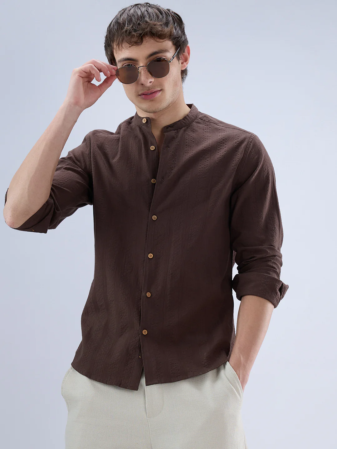 Chocolate Brown Seersucker Striped Mandarin Shirt - Image 4