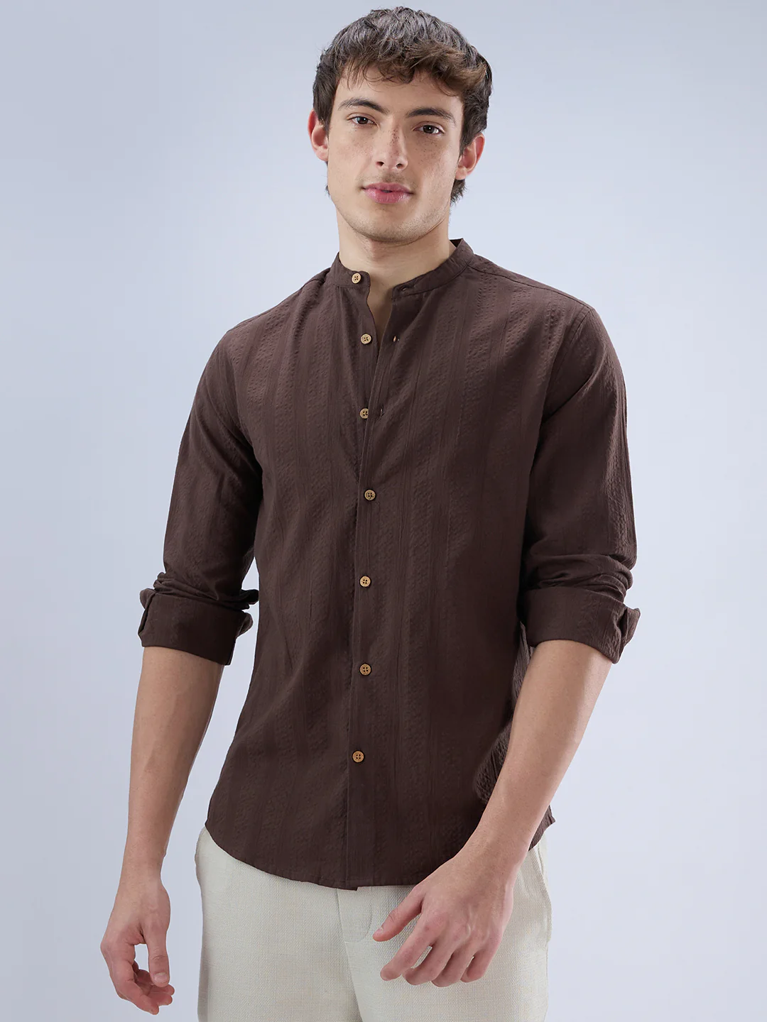 Chocolate Brown Seersucker Striped Mandarin Shirt - Image 5