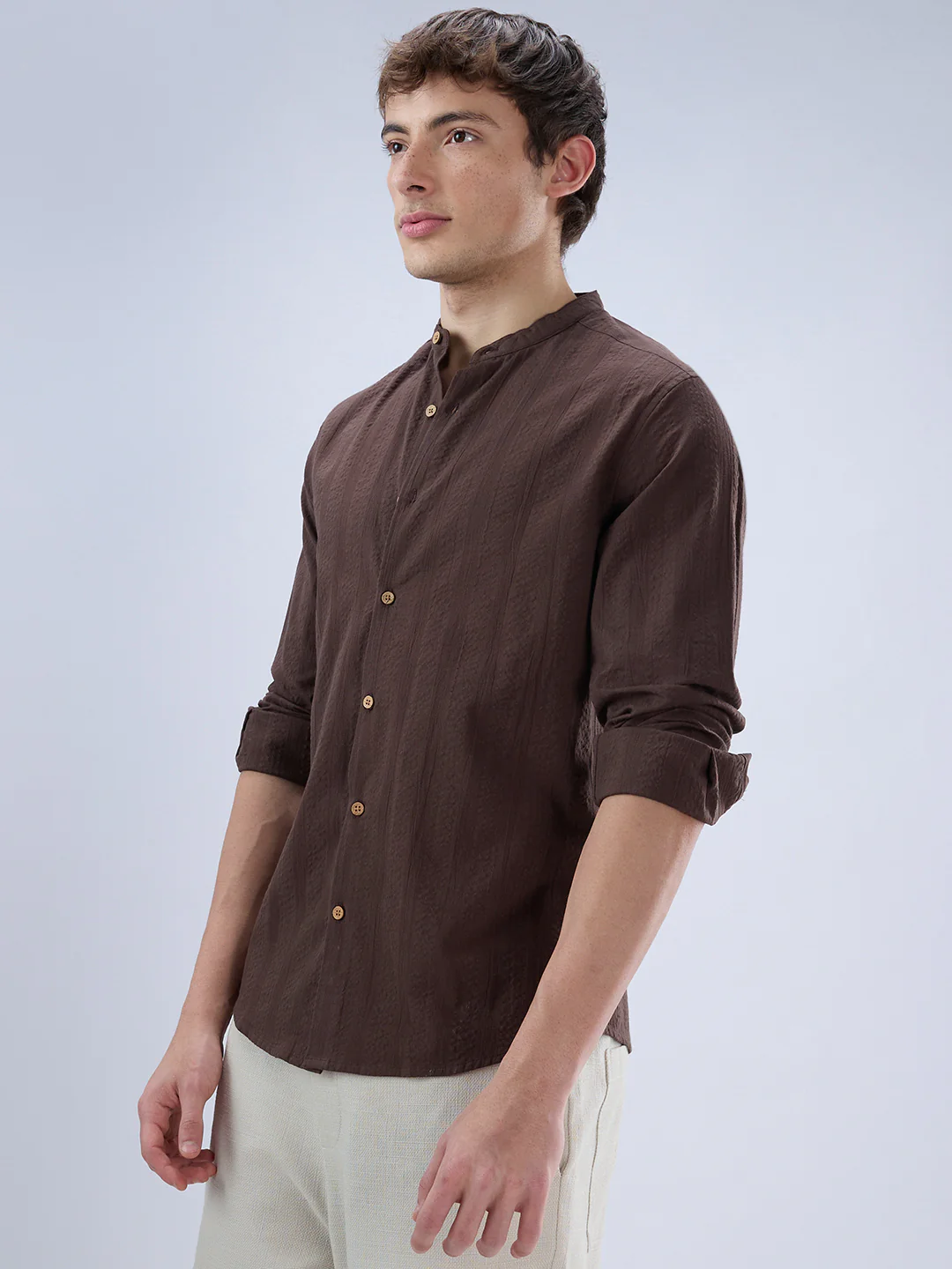 Chocolate Brown Seersucker Striped Mandarin Shirt - Image 6