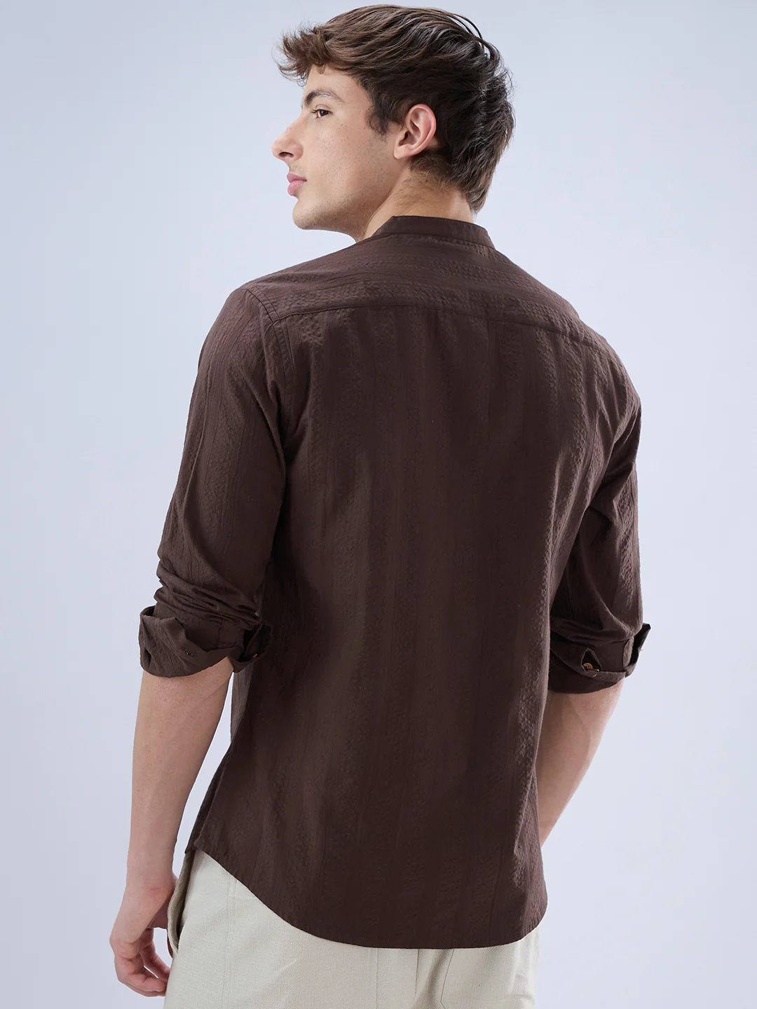 Chocolate Brown Seersucker Striped Mandarin Shirt - Image 7