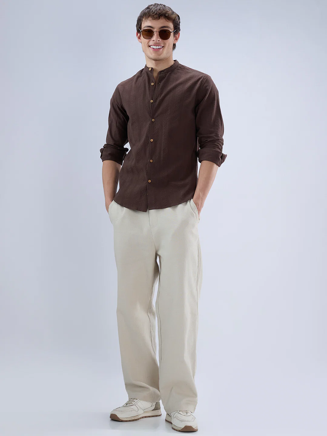 Chocolate Brown Seersucker Striped Mandarin Shirt - Image 8