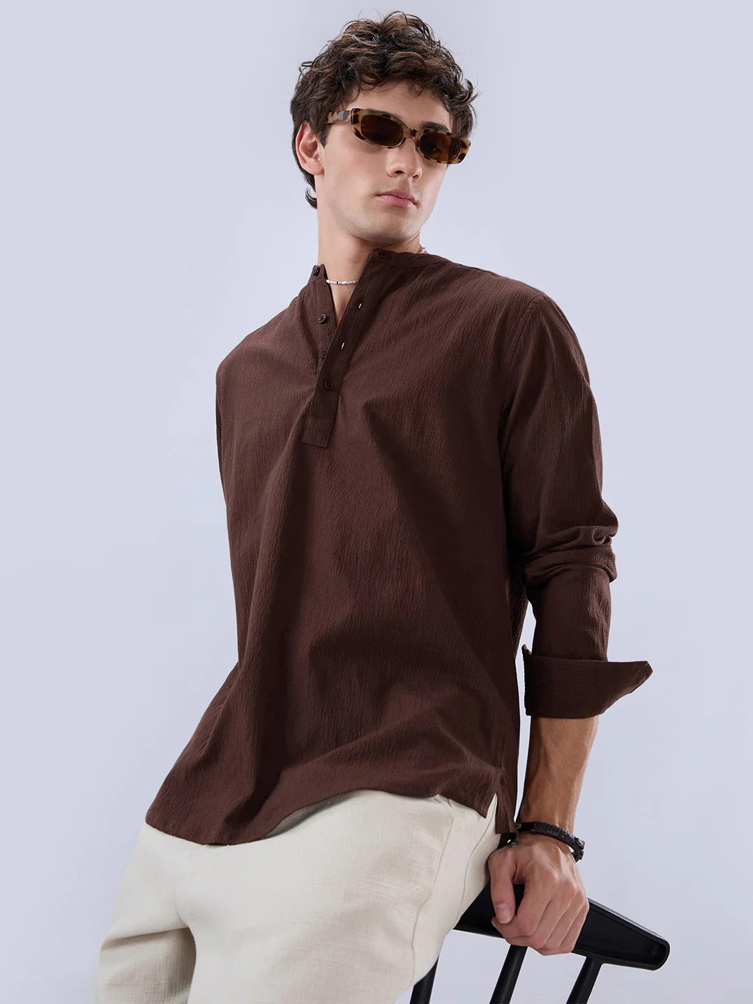 Chocolate Brown Subtle Textured Kurta - Image 4