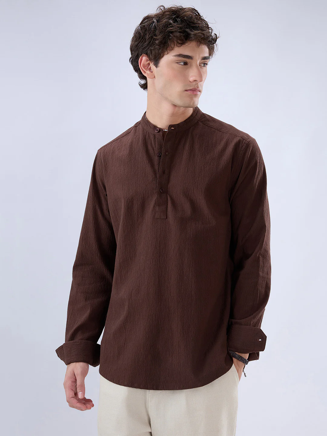 Chocolate Brown Subtle Textured Kurta - Image 5