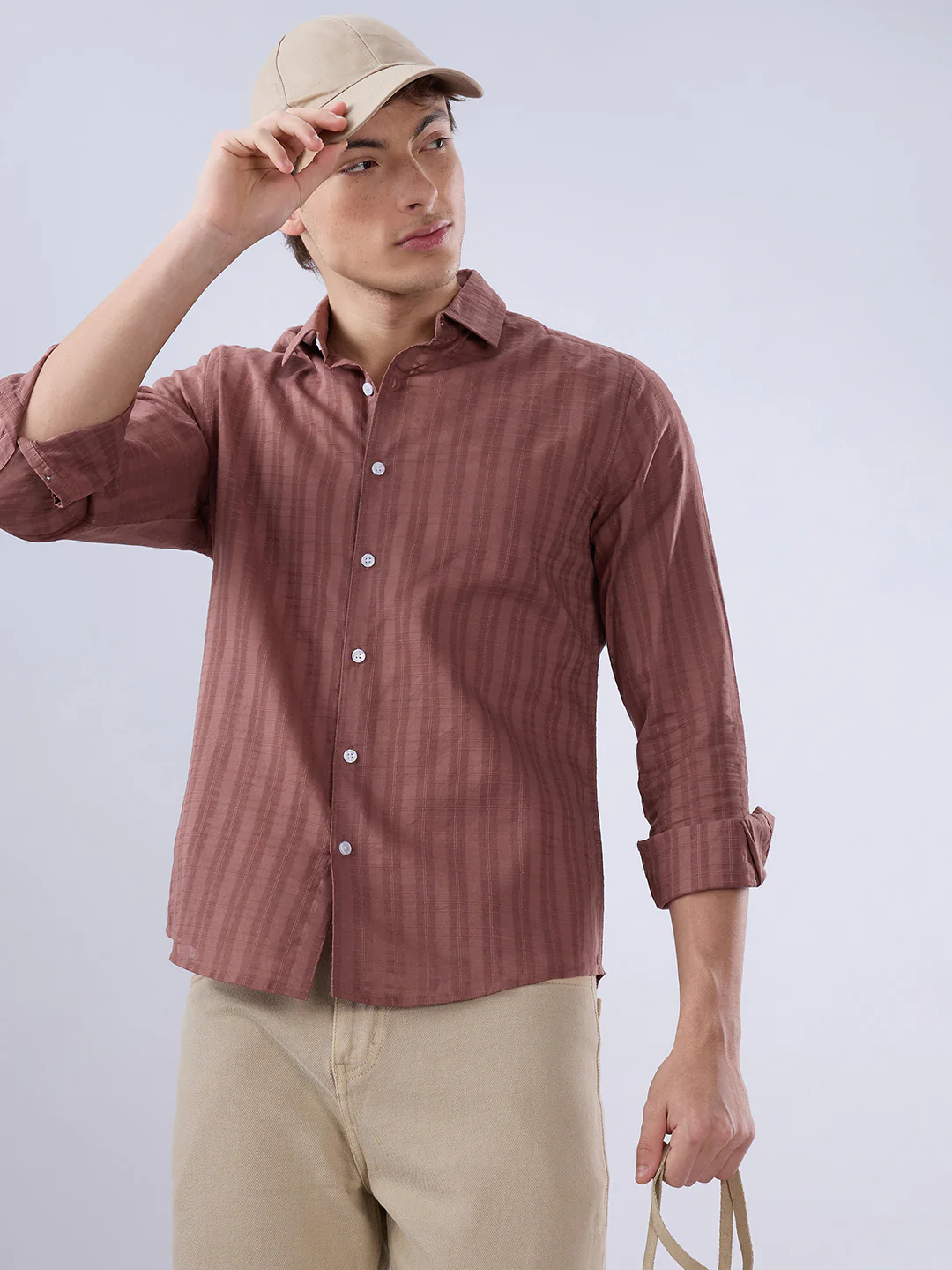 Cinnamon Brown Textured Striped Shirt - Image 2