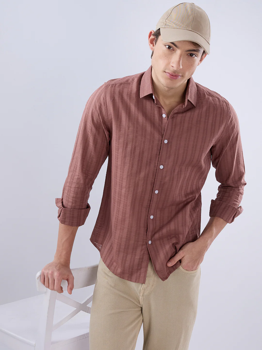Cinnamon Brown Textured Striped Shirt - Image 4