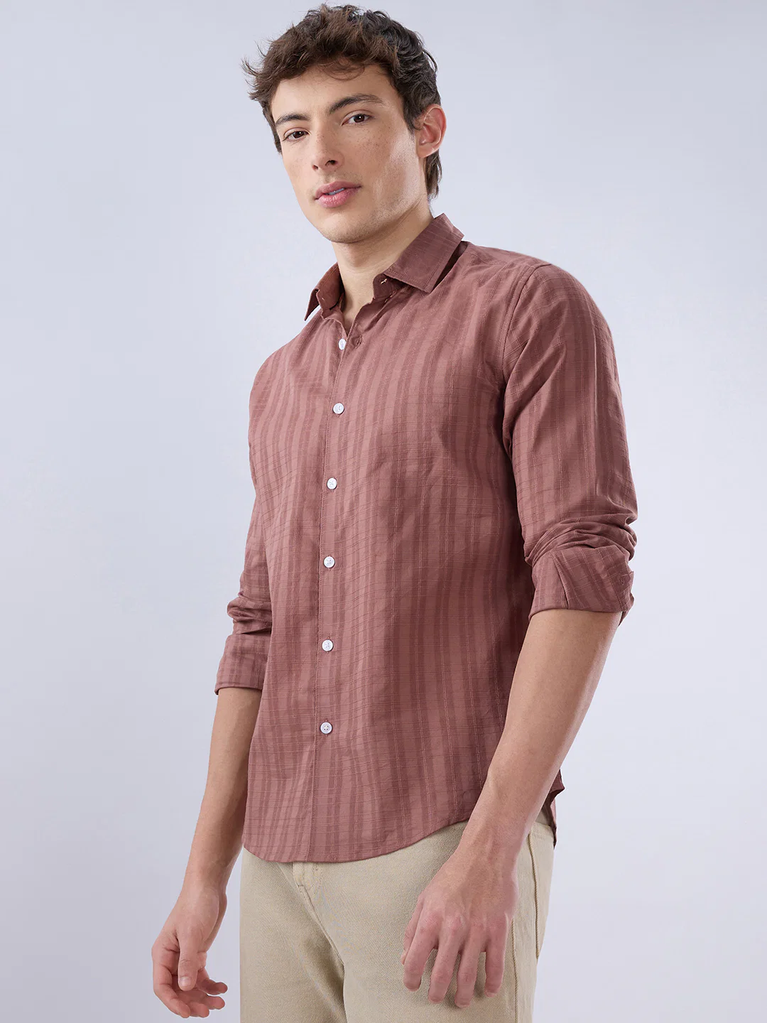Cinnamon Brown Textured Striped Shirt - Image 5