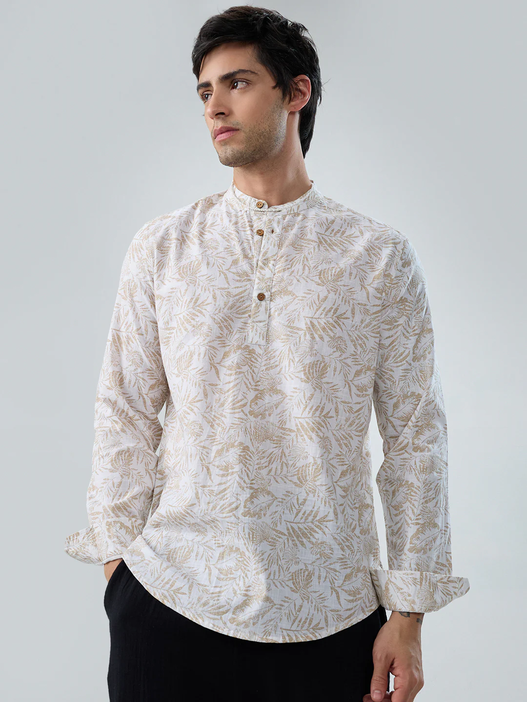 Classic Beige Leaf Printed Kurta - Image 5