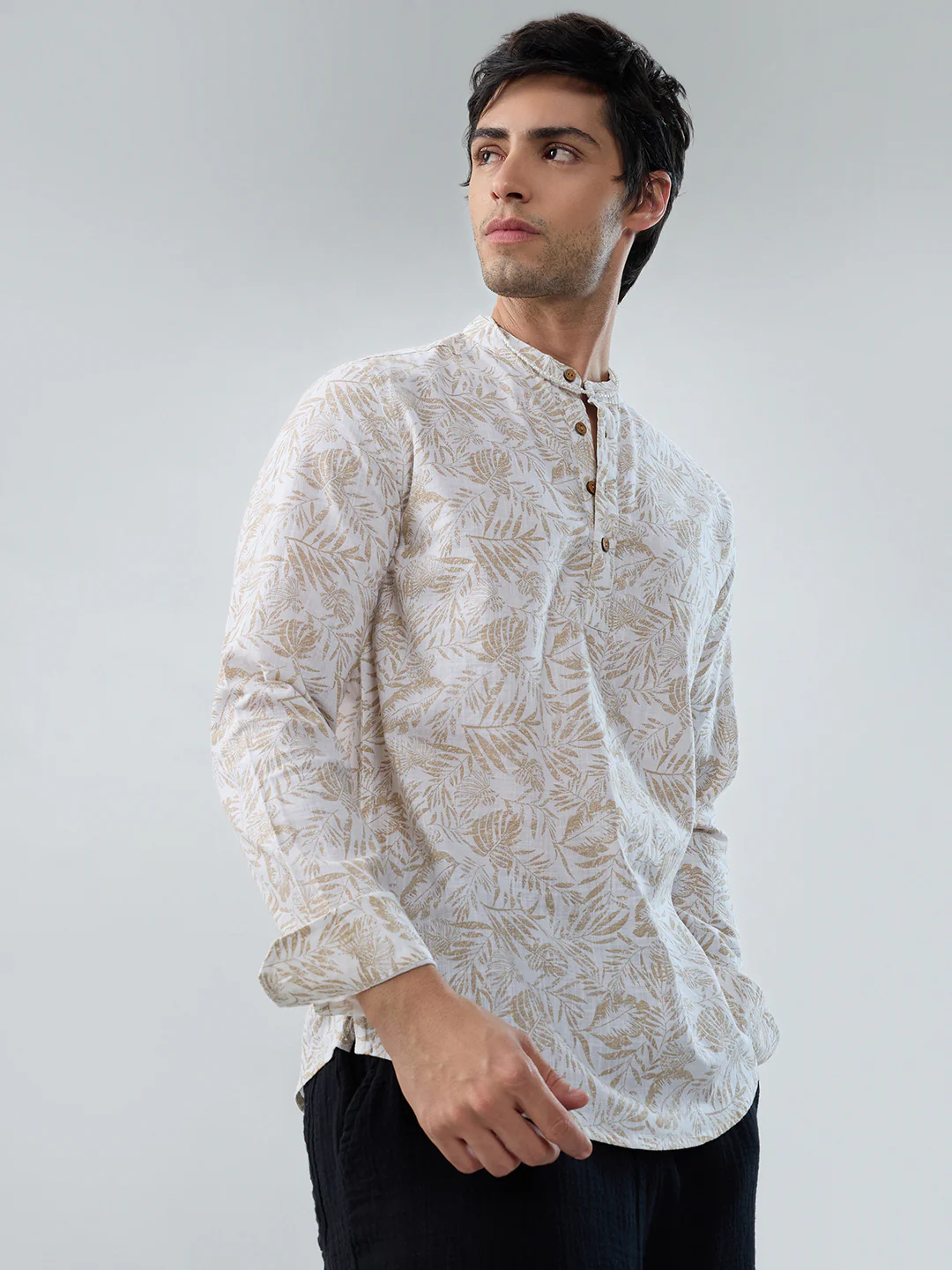 Classic Beige Leaf Printed Kurta - Image 6