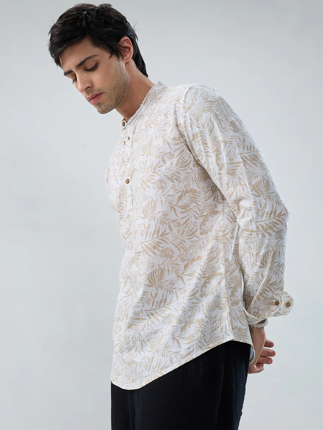 Classic Beige Leaf Printed Kurta - Image 7
