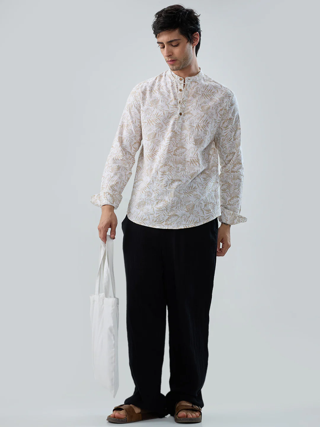 Classic Beige Leaf Printed Kurta - Image 9