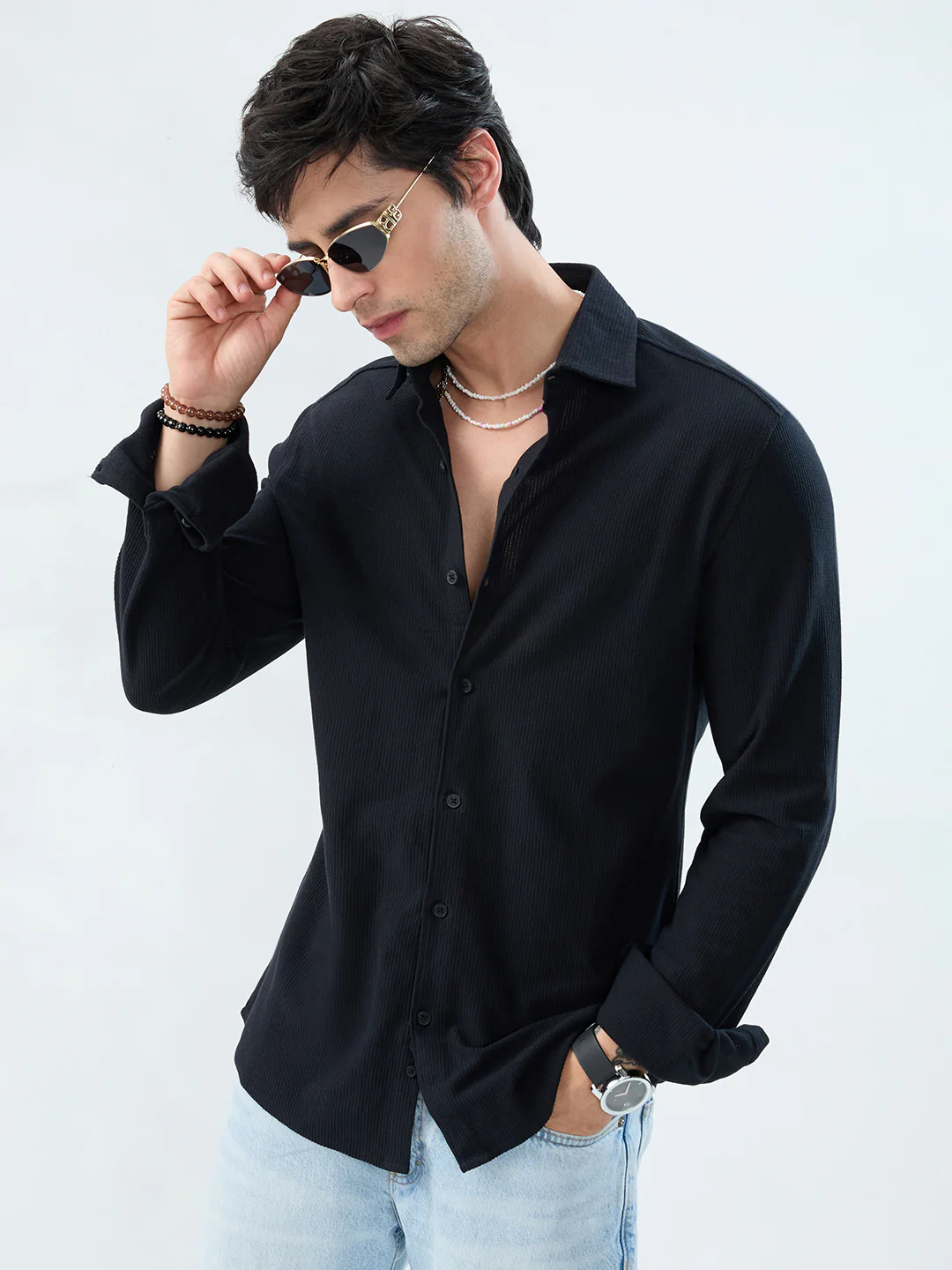 Classic Black Textured Knit Shirt - Image 2
