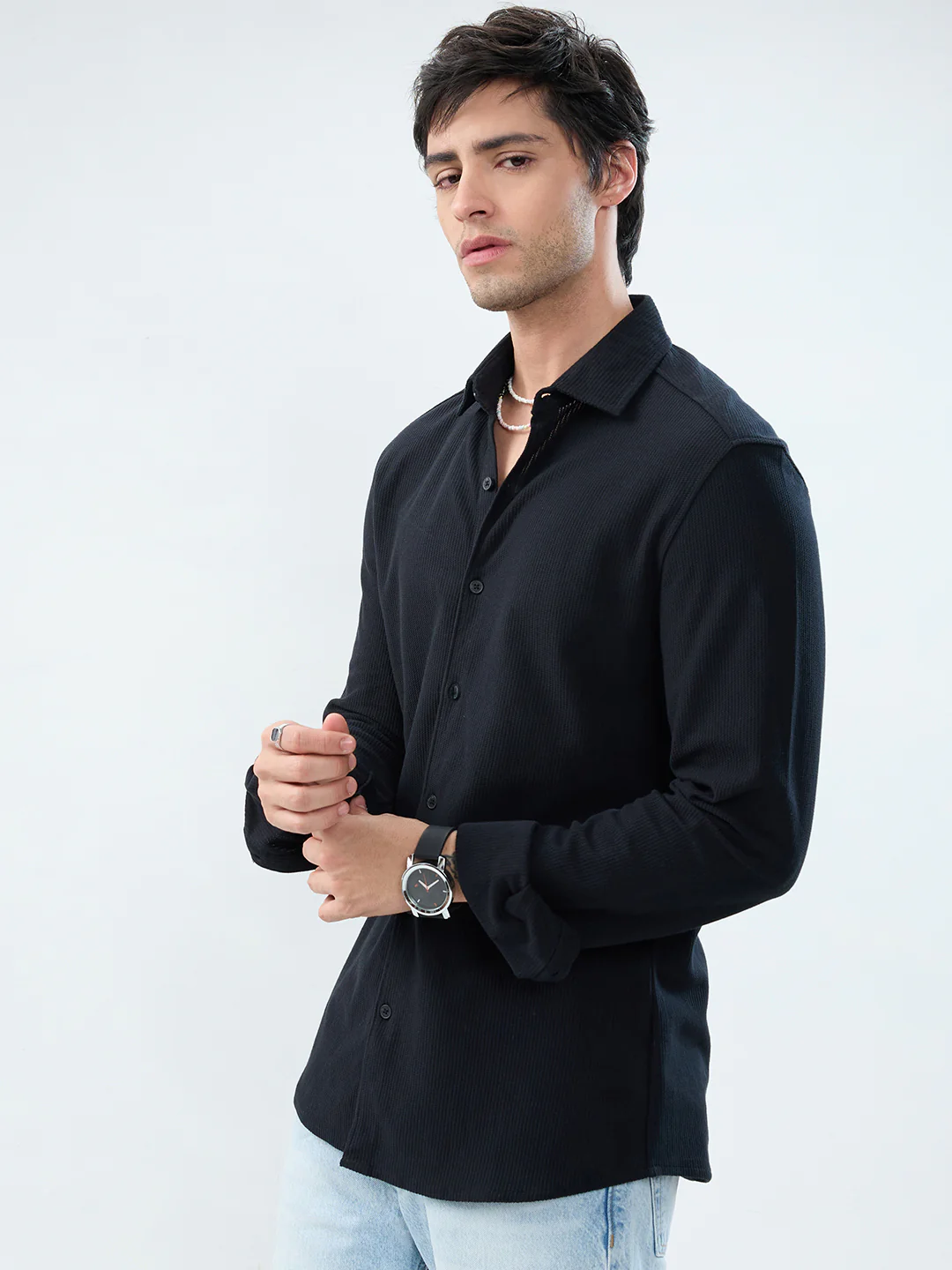 Classic Black Textured Knit Shirt - Image 5