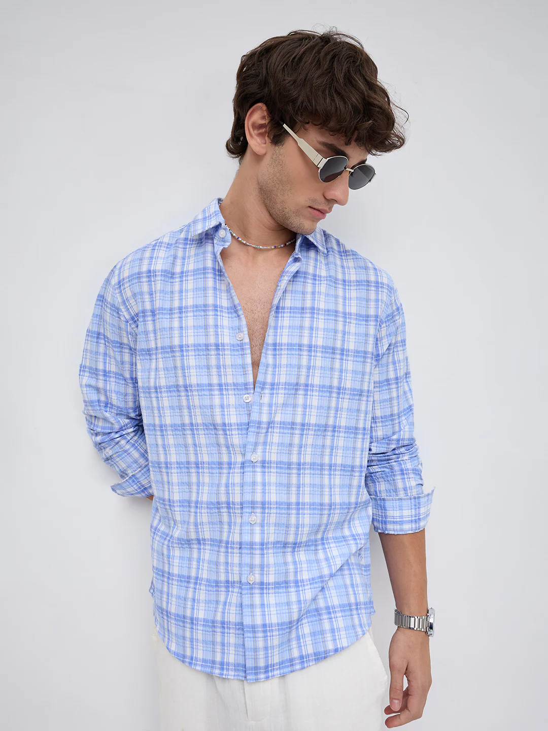 Classic Blue & White Balanced Seersucker Checks Shirt - Image 2