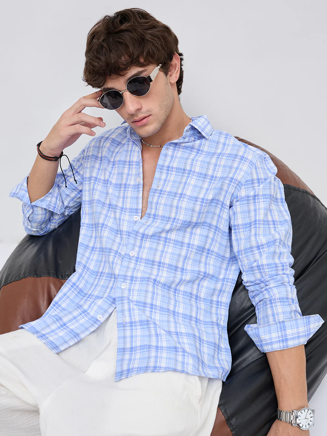 Classic Blue & White Balanced Seersucker Checks Shirt - Image 4