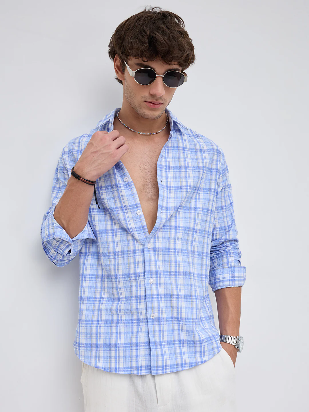 Classic Blue & White Balanced Seersucker Checks Shirt - Image 5