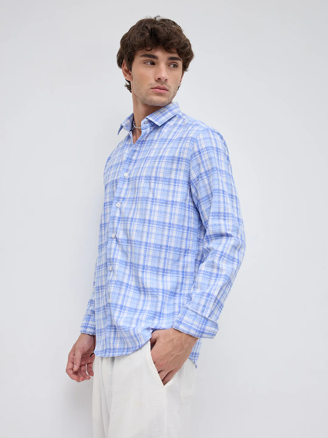 Classic Blue & White Balanced Seersucker Checks Shirt - Image 6