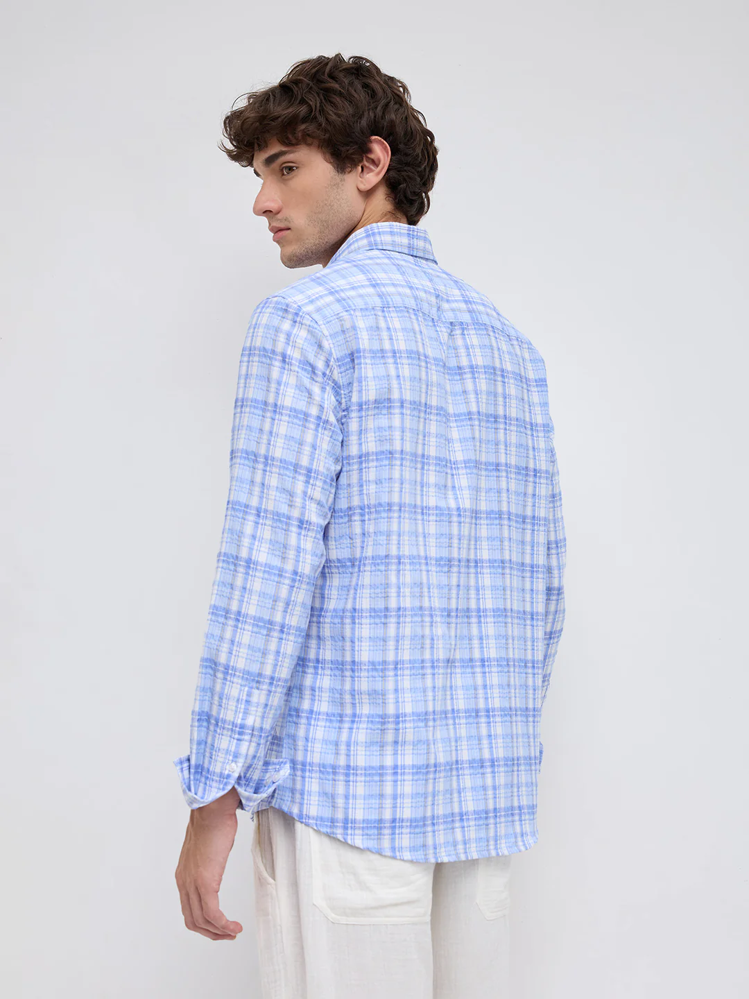 Classic Blue & White Balanced Seersucker Checks Shirt - Image 7