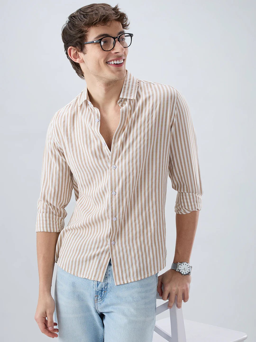 Classic Brown Candy Striped Vacation Shirt - Image 2