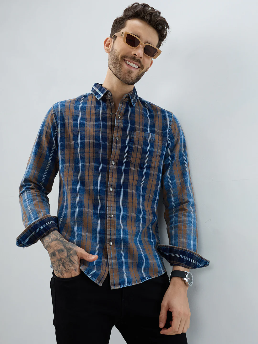 Classic Camel Brown Nightfall Denim Tartan Checks Shirt - Image 2