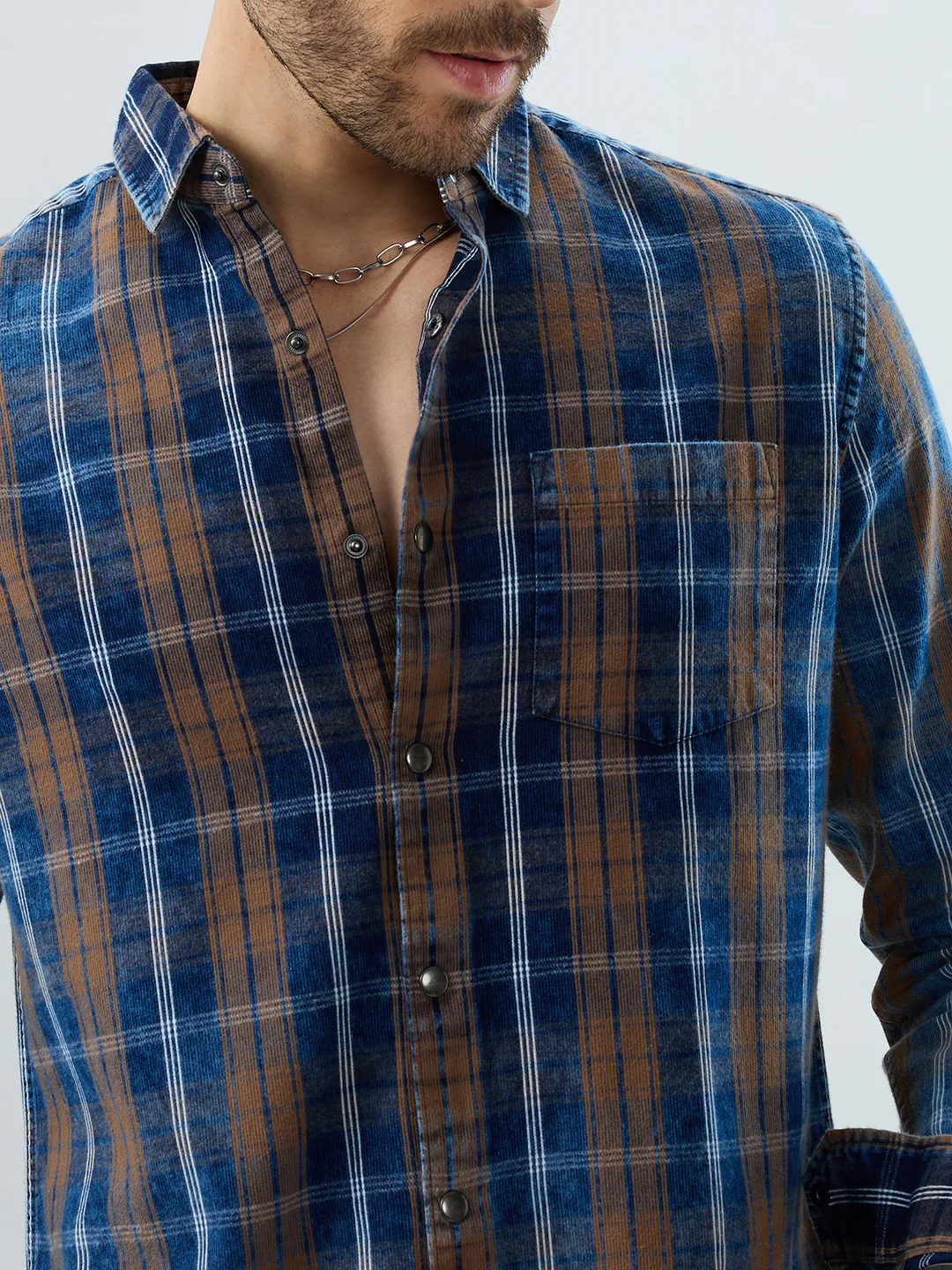 Classic Camel Brown Nightfall Denim Tartan Checks Shirt - Image 3