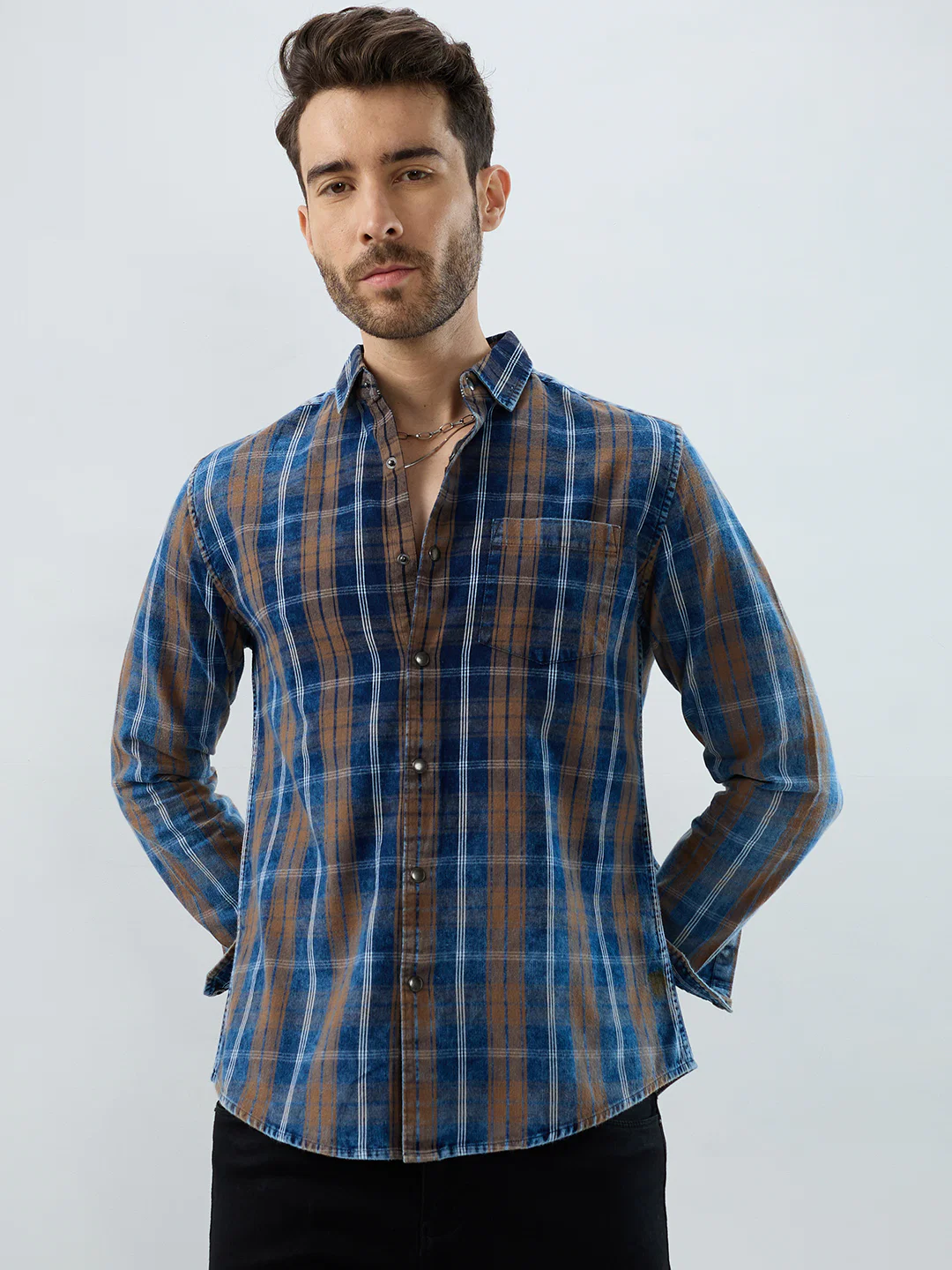 Classic Camel Brown Nightfall Denim Tartan Checks Shirt - Image 4