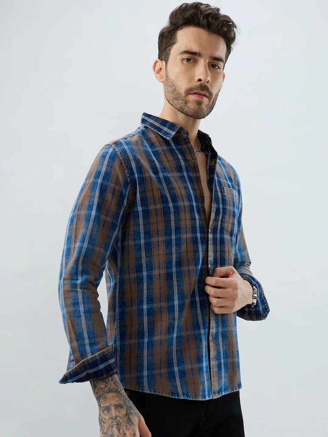 Classic Camel Brown Nightfall Denim Tartan Checks Shirt - Image 5