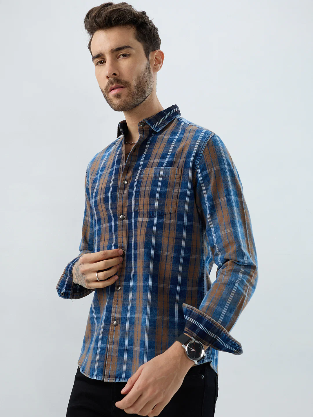 Classic Camel Brown Nightfall Denim Tartan Checks Shirt - Image 6