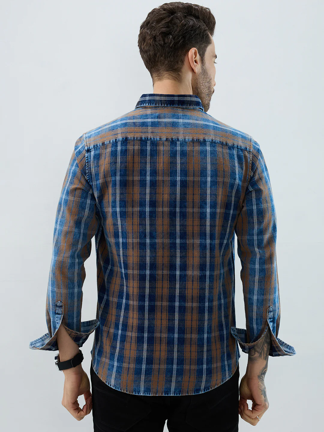 Classic Camel Brown Nightfall Denim Tartan Checks Shirt - Image 7