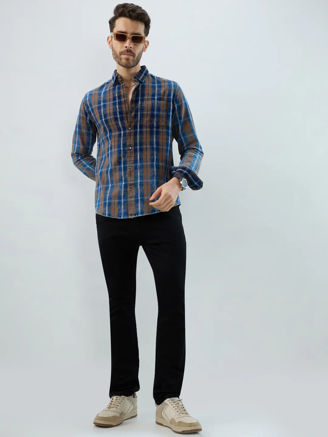 Classic Camel Brown Nightfall Denim Tartan Checks Shirt - Image 8