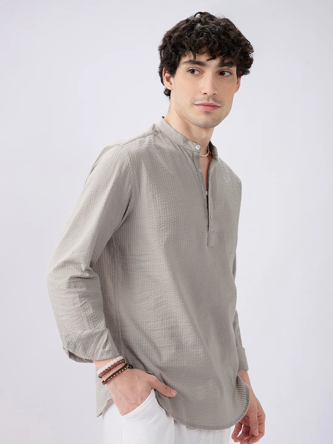 Classic Cloud Grey Seersucker Kurta - Image 4
