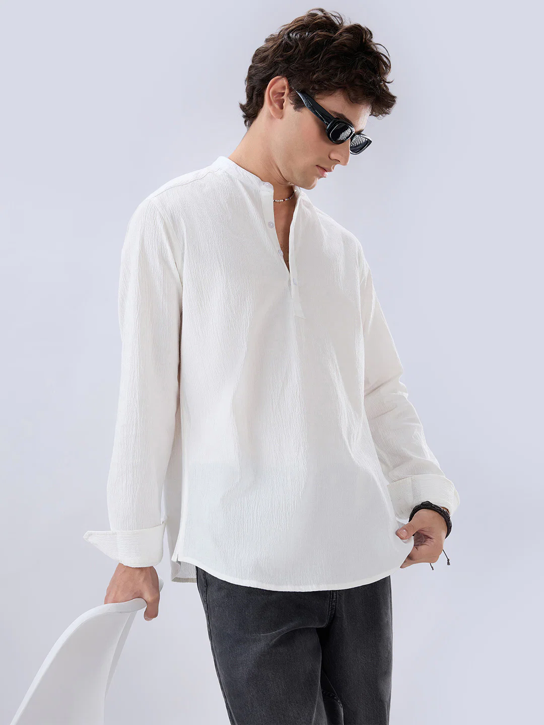Classic Cloud White Textured Kurta - Image 4