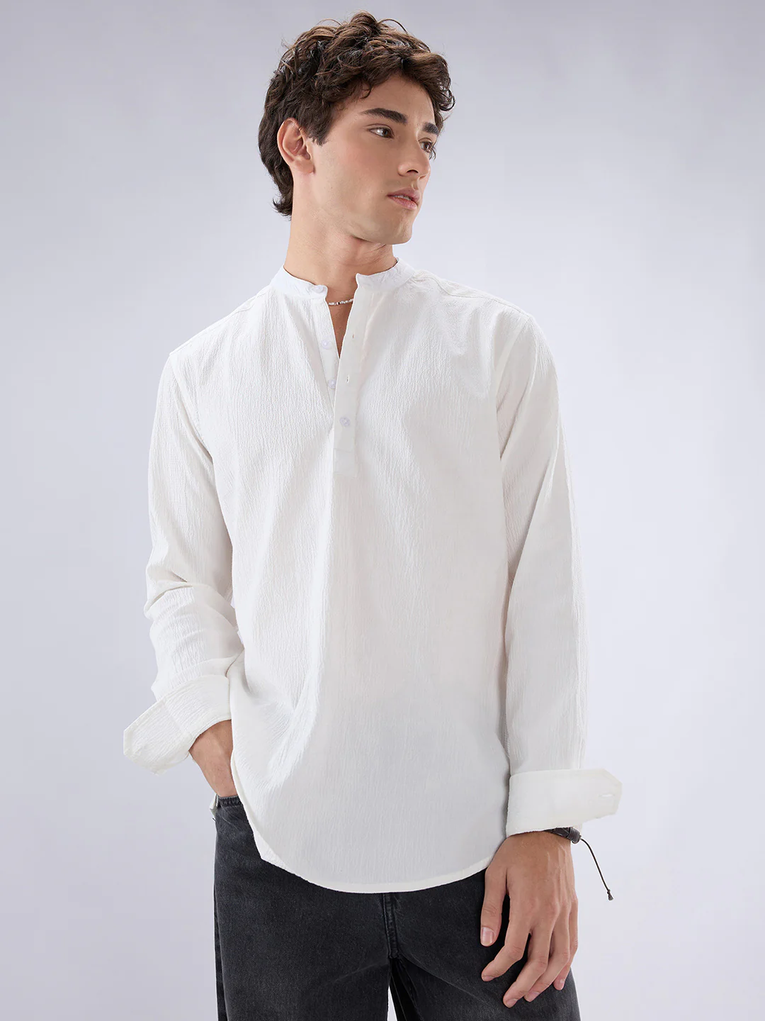Classic Cloud White Textured Kurta - Image 5