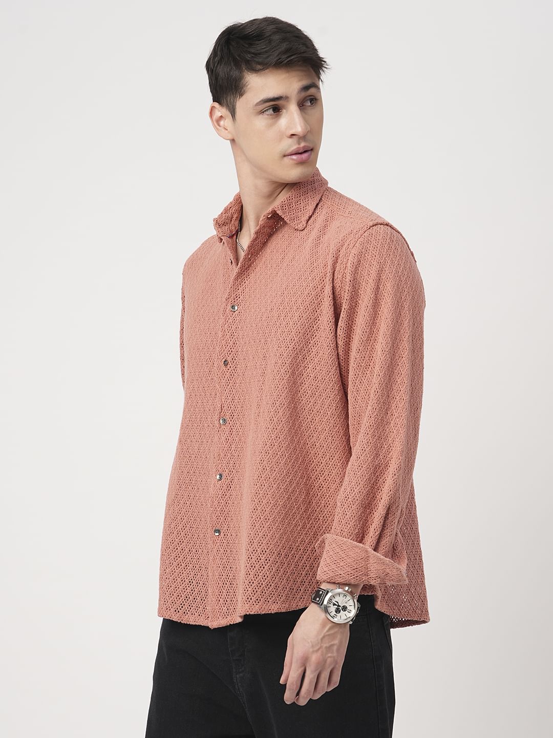 Classic Coral Crochet Cropped Shirt - Image 6