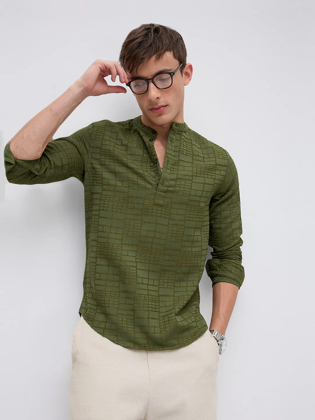 Classic Forest Green Maze Textured Kurta - Image 2