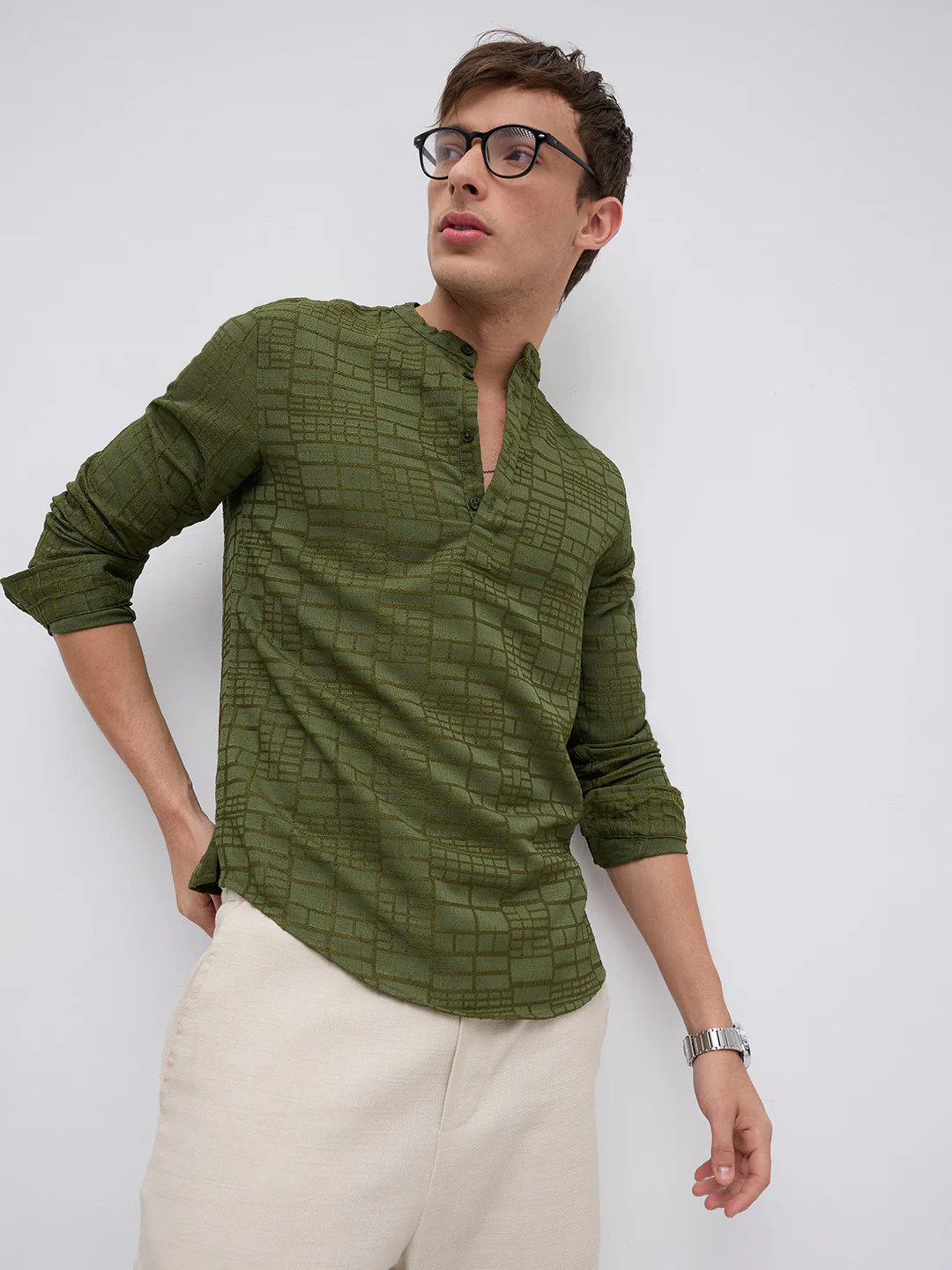 Classic Forest Green Maze Textured Kurta - Image 4