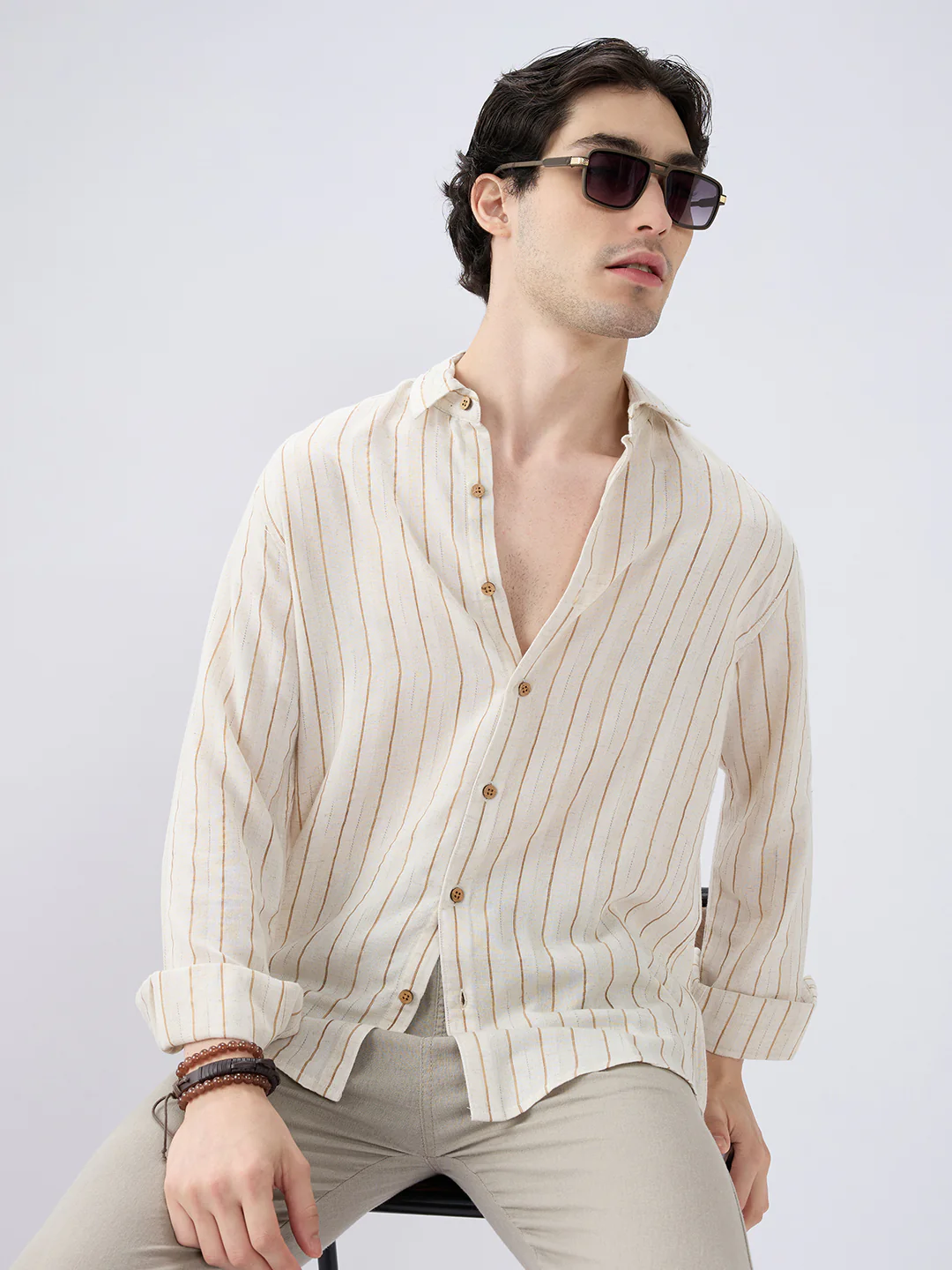 Classic Grainy Beige Striped Linen Blend Shirt