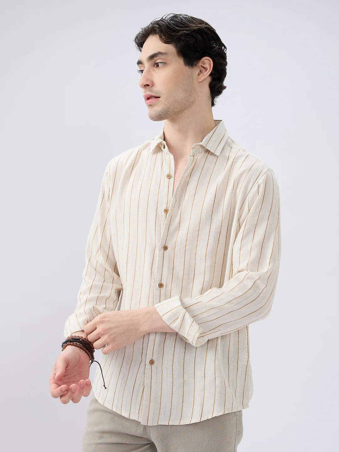 Classic Grainy Beige Striped Linen Blend Shirt - Image 6