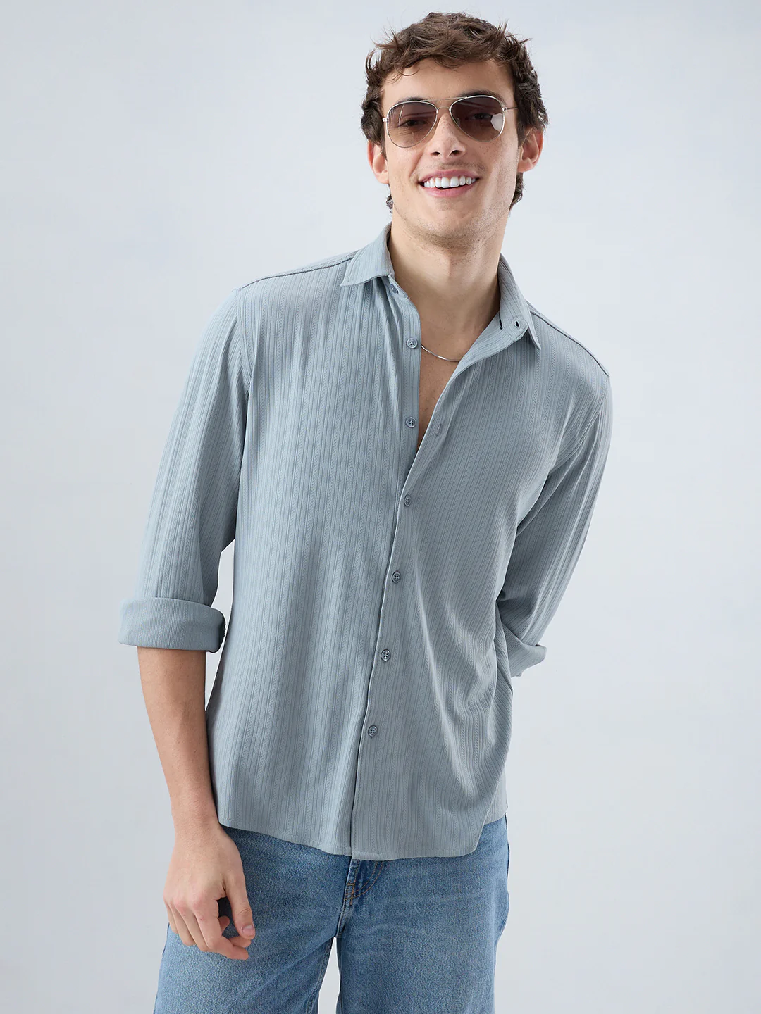 Classic Grey Fine Vertical Ribbed Knitted Shirt - Image 2