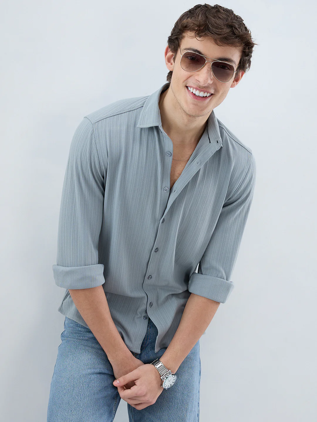 Classic Grey Fine Vertical Ribbed Knitted Shirt - Image 4