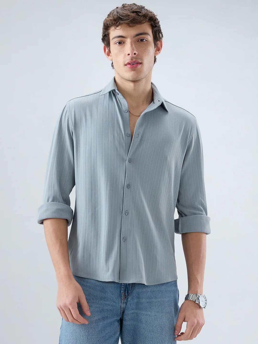 Classic Grey Fine Vertical Ribbed Knitted Shirt - Image 5