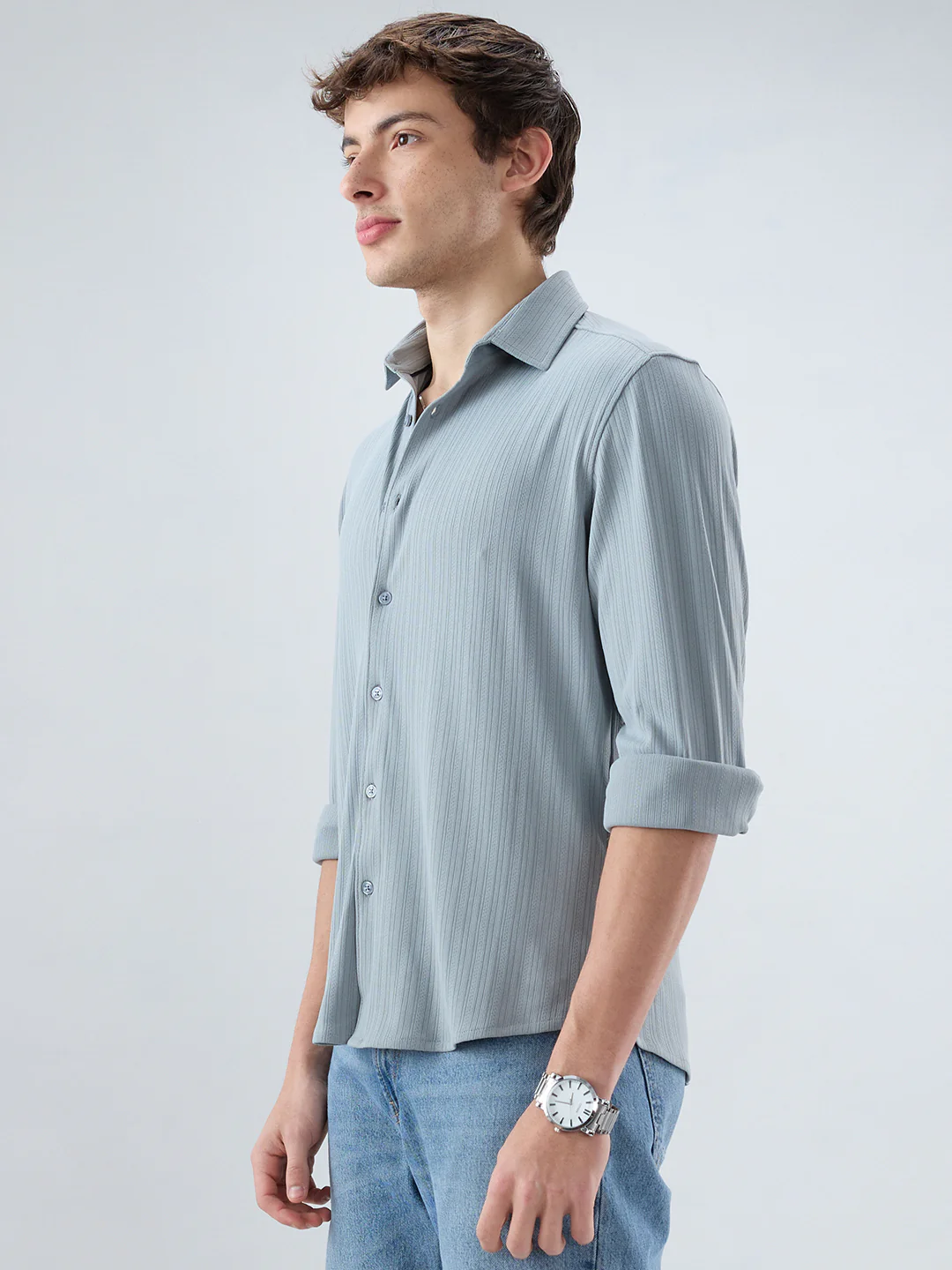 Classic Grey Fine Vertical Ribbed Knitted Shirt - Image 6