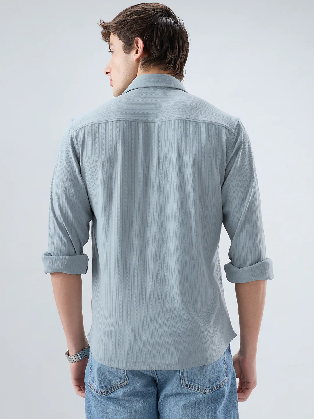 Classic Grey Fine Vertical Ribbed Knitted Shirt - Image 7