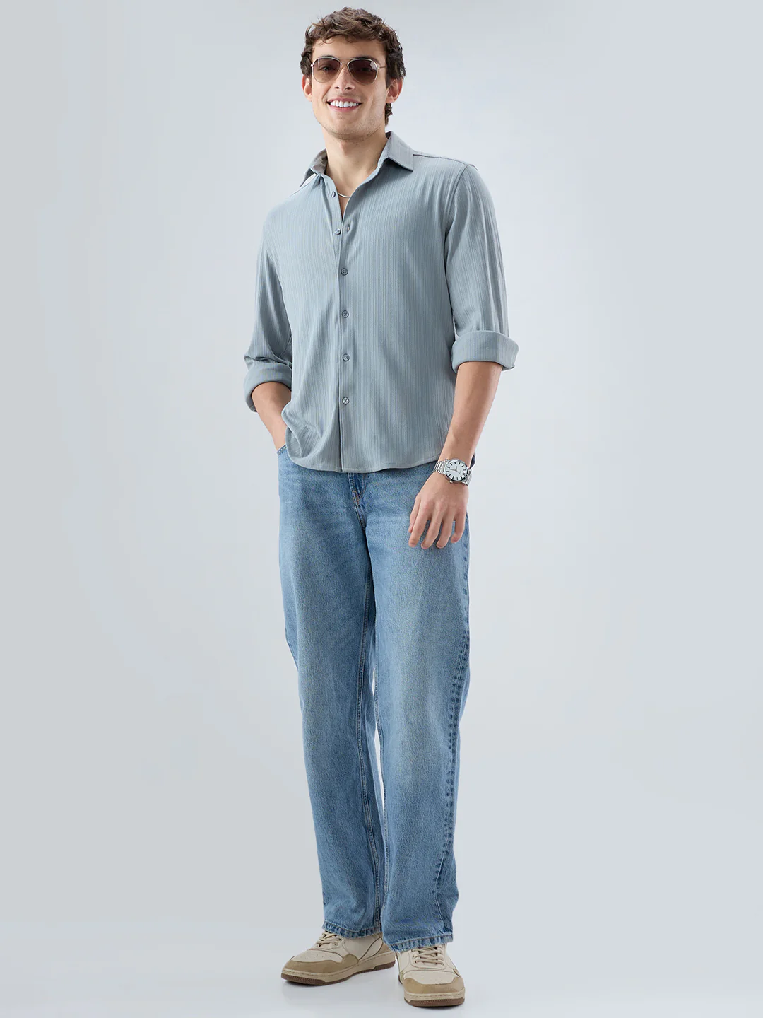 Classic Grey Fine Vertical Ribbed Knitted Shirt - Image 8