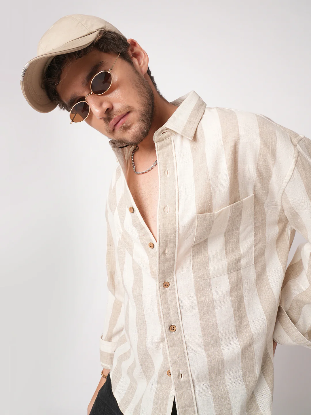 Classic Khadi Vibe Driftwood Stripe Boxy Fit Cropped Shirt - Image 2