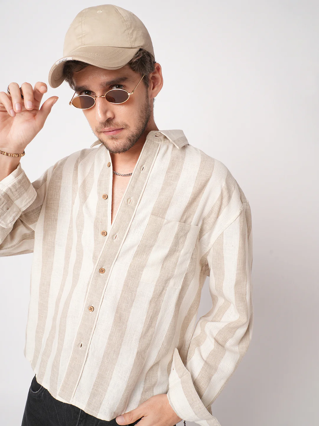 Classic Khadi Vibe Driftwood Stripe Boxy Fit Cropped Shirt - Image 3