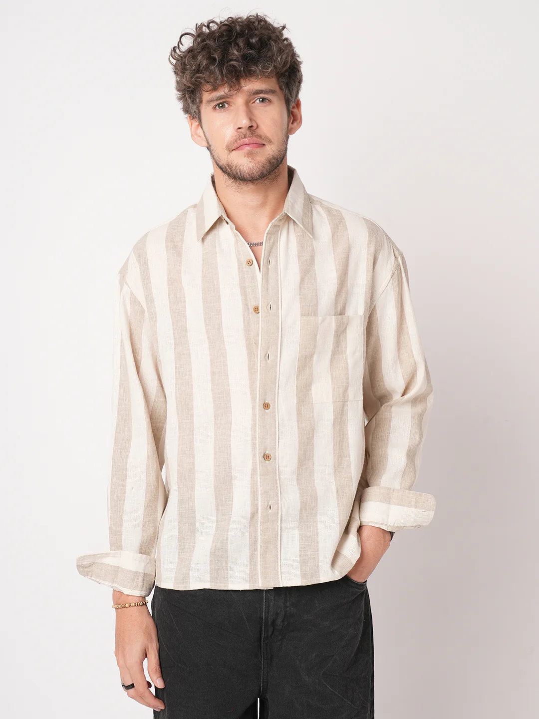 Classic Khadi Vibe Driftwood Stripe Boxy Fit Cropped Shirt - Image 5